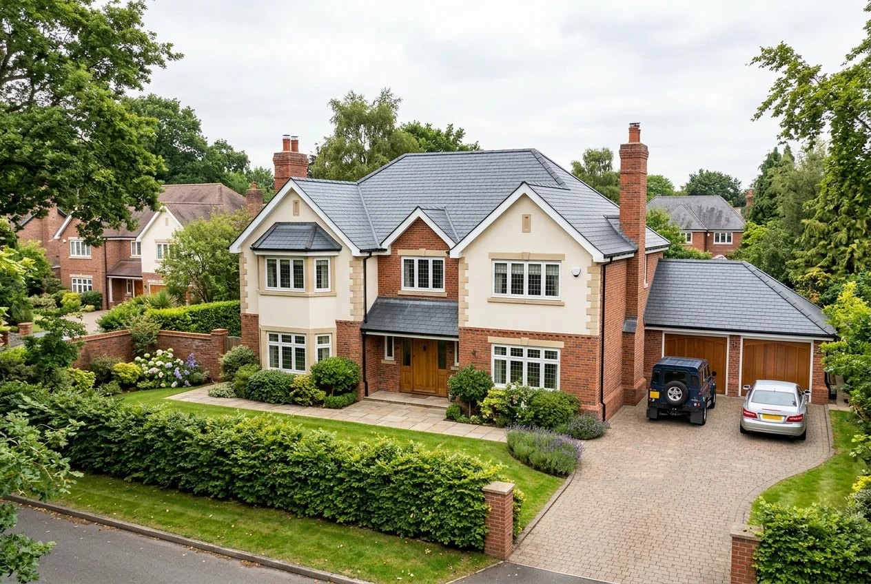 Impressive detached British family home in Cheshire with a newly installed dark slate pitched roof by Sterling Roofworks